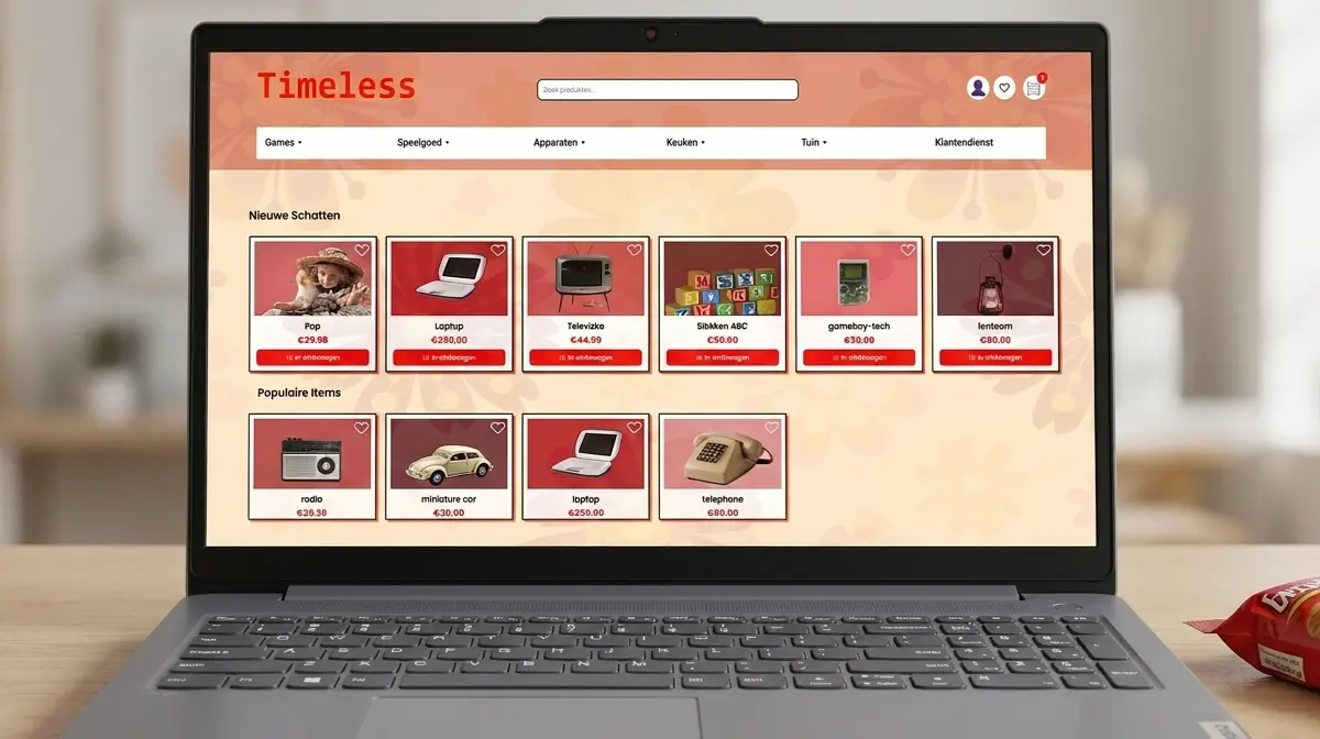 Webshop Timeless met retro uitstraling, ontworpen door Vantrappen Digital